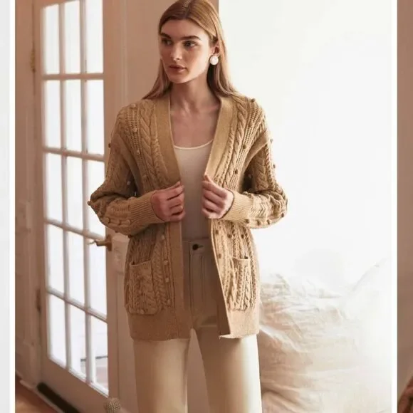 White + Warren Camel Brown Wool Blend Chunky Knit Cardigan Sweater Womens L - Picture 1 of 10